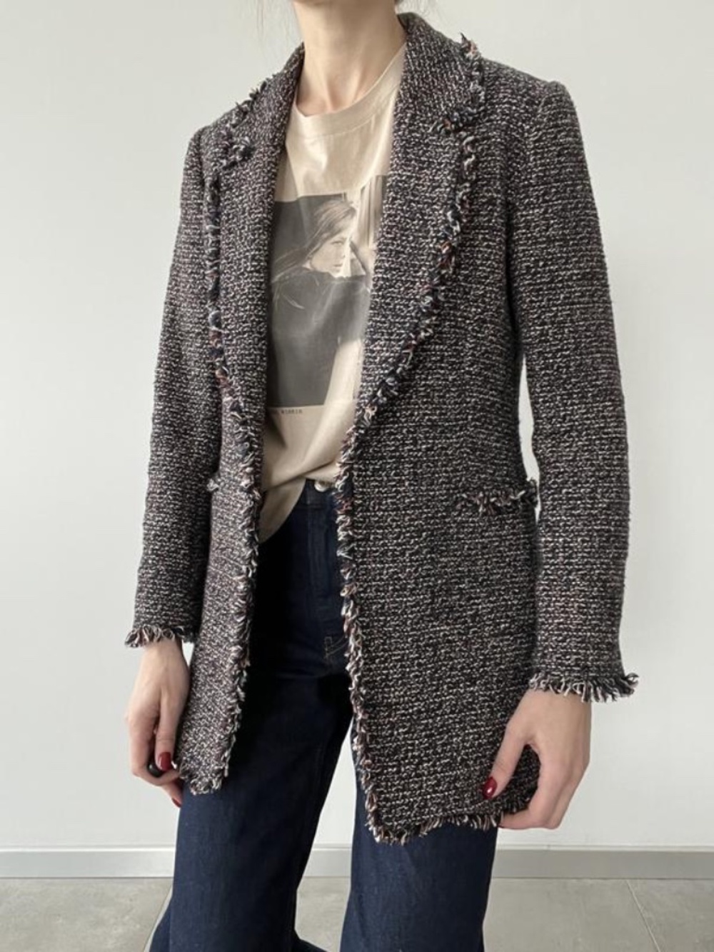 Massimo Dutti Navy Brown Tweed Long Blazer - Size US 8